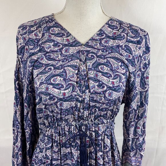 Few Moda Maxi Dress L Blue White Mint Magenta Floral Paisley V-Neck Long Sleeve - Picture 3 of 13